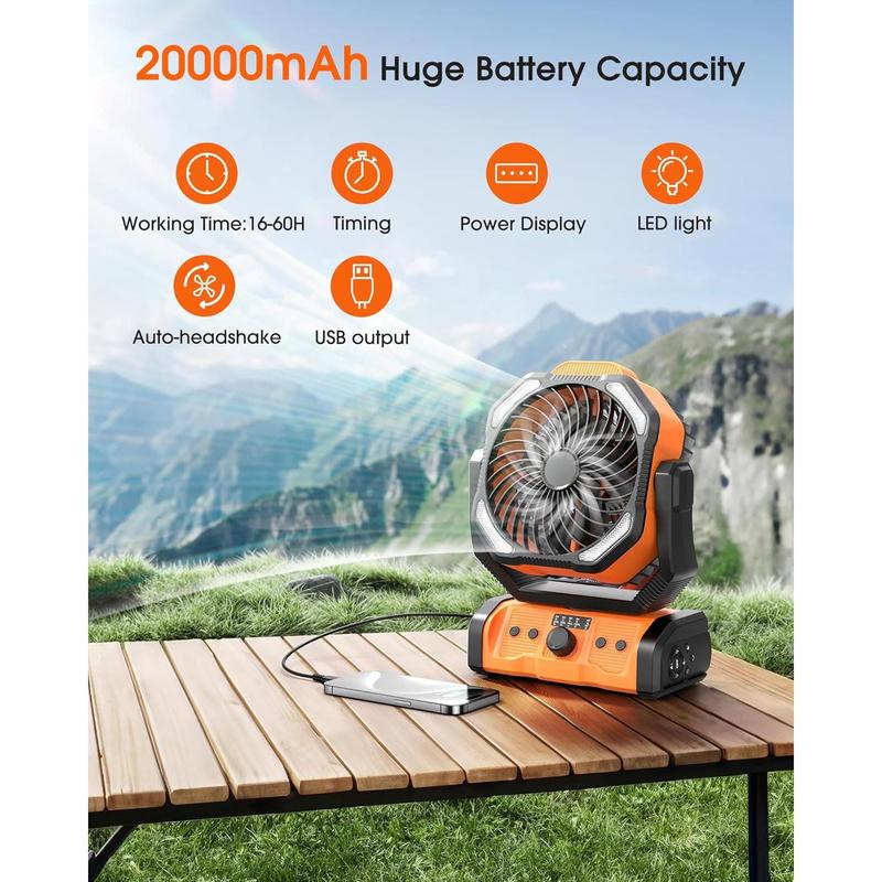 Portable Rechargeable Camping Fan - 20000mAh Cordless   Fan with LED Lantern, Remote Auto Oscillating USB C Table  Operated Tent Fan for Travel Outdoor Beach