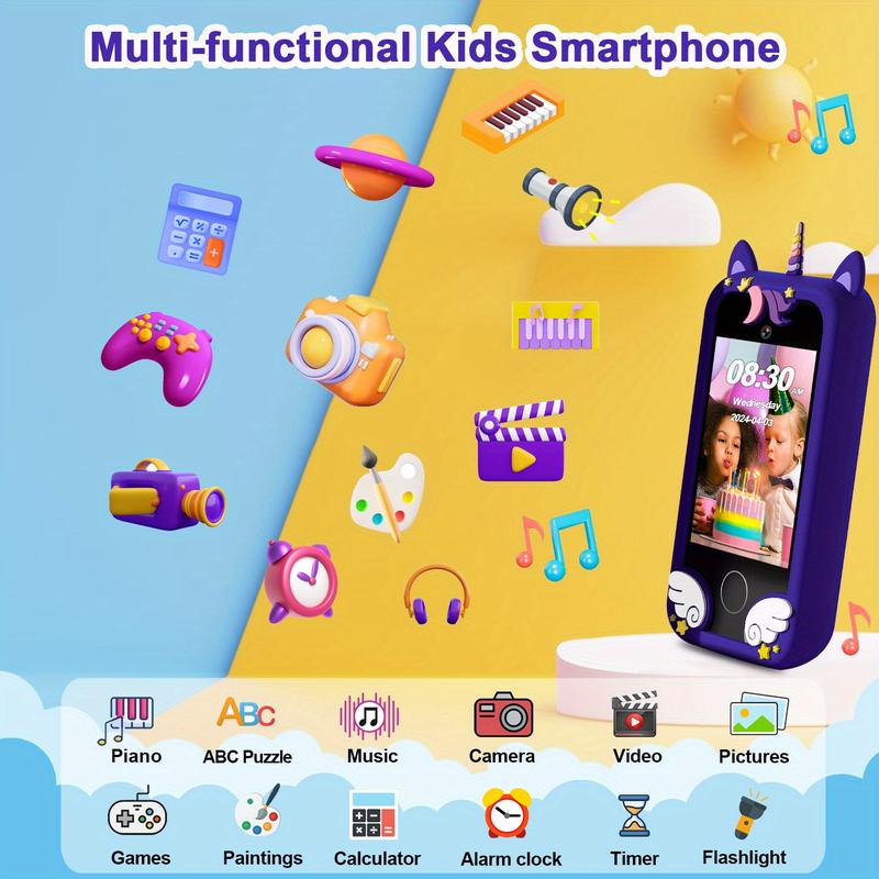 A Children's Touch Screen Smartphone, Unicorn and Dinosaur Design, 64GB Memory, 1080P HD Display, 48mp Camera, USB Charging, Rechargeable Lithium Polymer Battery, 2.75-Inch Screen, contains 33 One Wallpaper and 16 One Jigsaw Puzzles, Suitable for Christma