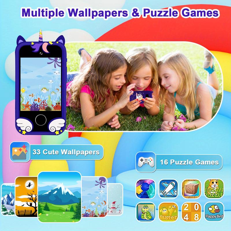 A Children's Touch Screen Smartphone, Unicorn and Dinosaur Design, 64GB Memory, 1080P HD Display, 48mp Camera, USB Charging, Rechargeable Lithium Polymer Battery, 2.75-Inch Screen, contains 33 One Wallpaper and 16 One Jigsaw Puzzles, Suitable for Christma