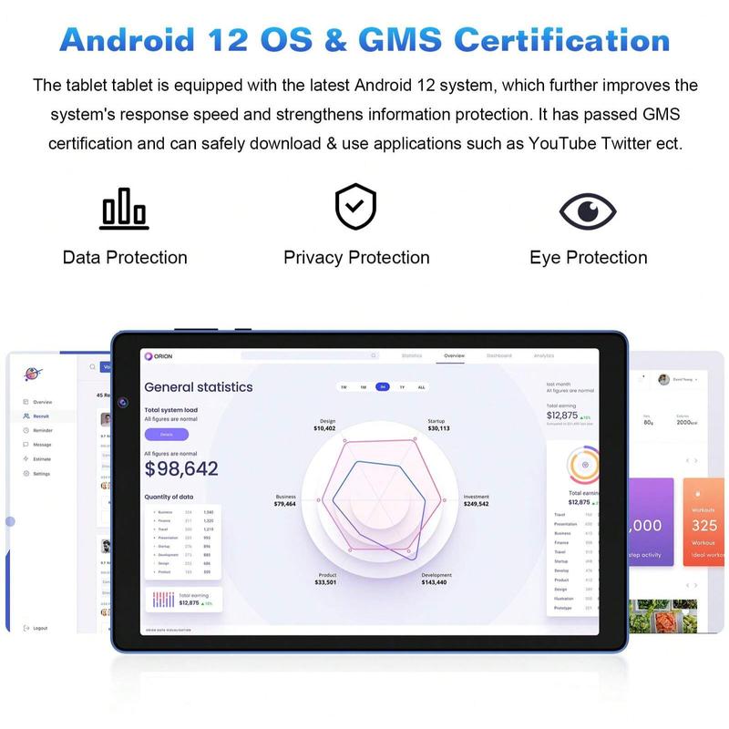 Tablet 10 Inch Android 12 Tablets 4(2+2)GB+32GB 128GB Quad-Core Processor Android Tablet 1280x800 IPS Touch Screen 2+5MP Dual Camera 6000mAh Battery Bluetooth WiFi (Dark Blue)