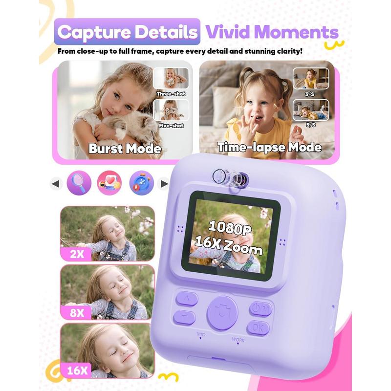 Camera Instant Print, 1080P Digital Dual Camera for , 12MP Instant Camera Photo Printing Toys for Girls, Christmas Birthday Gifts for  6 7 8 9 10 Year Old Girls with SD Card