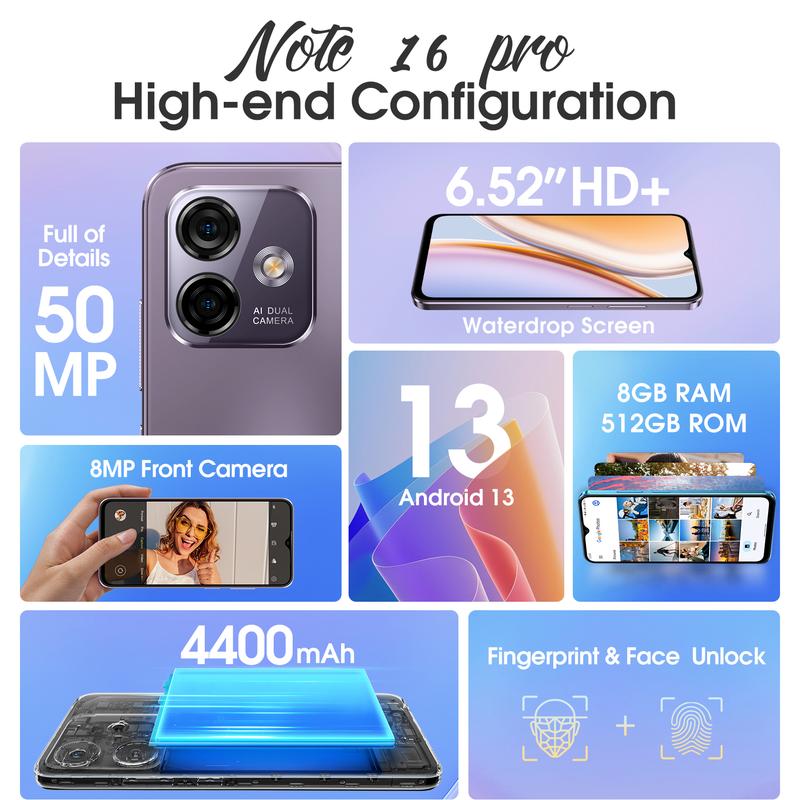 Ulefone Note 16 Pro Unlocked Phones, 12 (4GB+8Virtual GB)12 (4GB+8Virtual GB)+128GB Cell Phone, 50MP Rear Camera, 8MP Front Camera, Android 13 OS, 6.52” Display, 4400mAh, OTG GPS 4G Smartphones | Purple