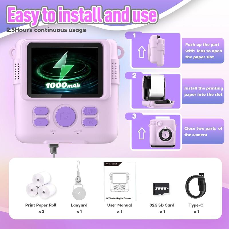 Instant Print Camera for , Christmas Birthday Gifts for Girls Boys, HD Digital Video Cameras for , Portable  for 4 5 6 7 8 9 10 Year Old Girl with 32GB SD Card-Purple