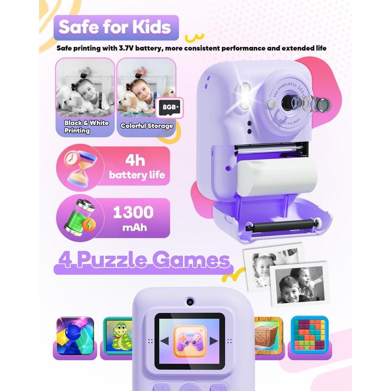 Camera Instant Print, 1080P Digital Dual Camera for , 12MP Instant Camera Photo Printing Toys for Girls, Christmas Birthday Gifts for  6 7 8 9 10 Year Old Girls with SD Card