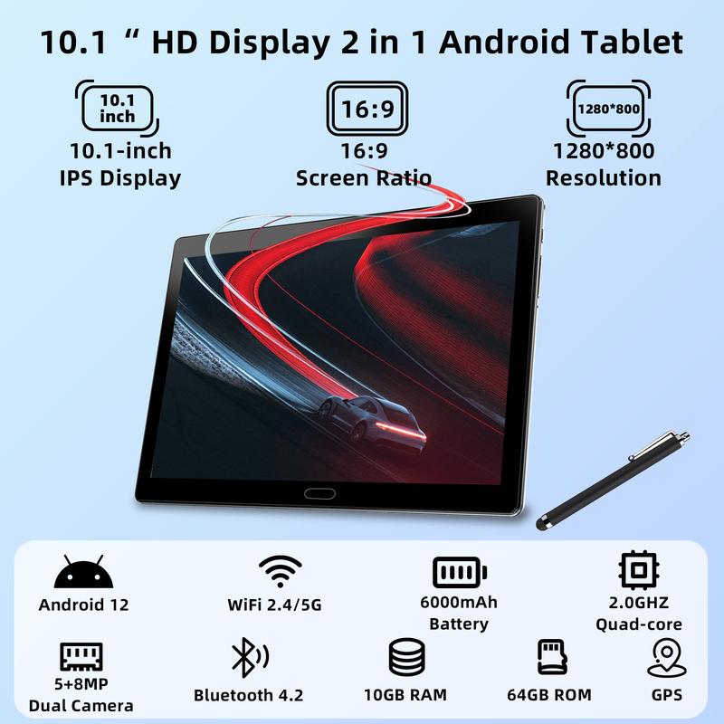 2024 Newest 2 in 1  10 Inch Android 12 Tableta with Keyboard, 64GB ROM, 1TB Expansion, 2.0GHz, 5G WiFi, Dual Camera, Dual Stereo Speaker, Gaming  with Case, Mouse, Stylus tablet pc