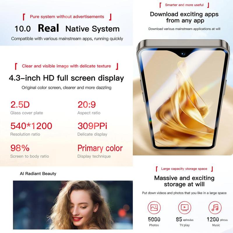 4.3 Inch HD Pocket Smartphone, 1 Count 2750mAh Long Standby 13MP Beauty Camera Android 10.0 Phone, Dual SIM Ultra-thin Micro Phone for Students