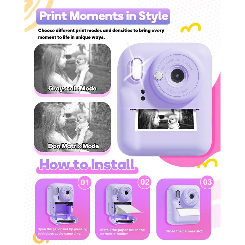 Camera Instant Print, 1080P Digital Dual Camera for , 12MP Instant Camera Photo Printing Toys for Girls, Christmas Birthday Gifts for  6 7 8 9 10 Year Old Girls with SD Card