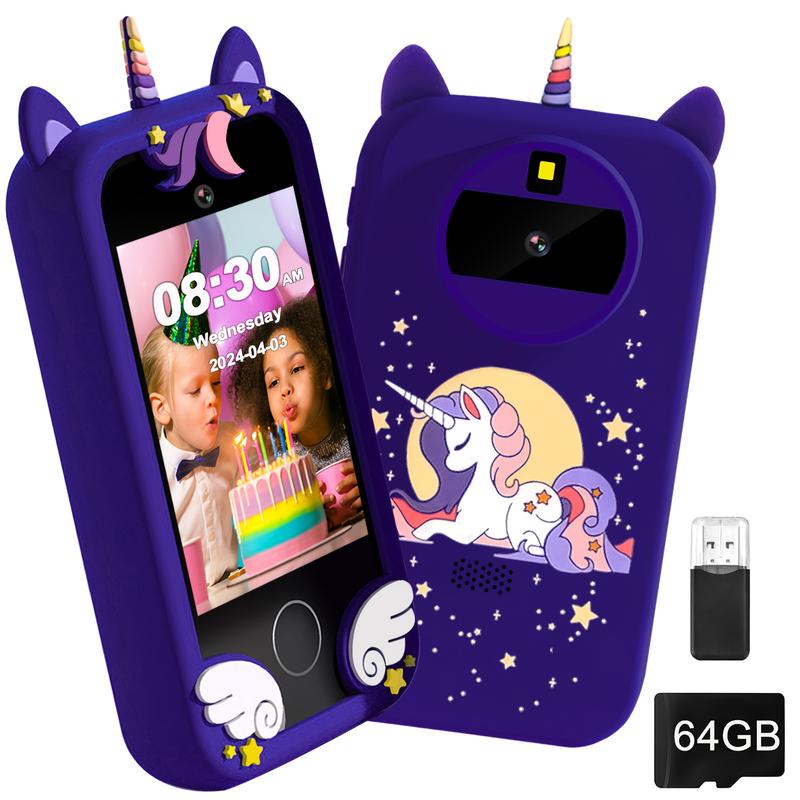 A Children's Touch Screen Smartphone, Unicorn and Dinosaur Design, 64GB Memory, 1080P HD Display, 48mp Camera, USB Charging, Rechargeable Lithium Polymer Battery, 2.75-Inch Screen, contains 33 One Wallpaper and 16 One Jigsaw Puzzles, Suitable for Christma