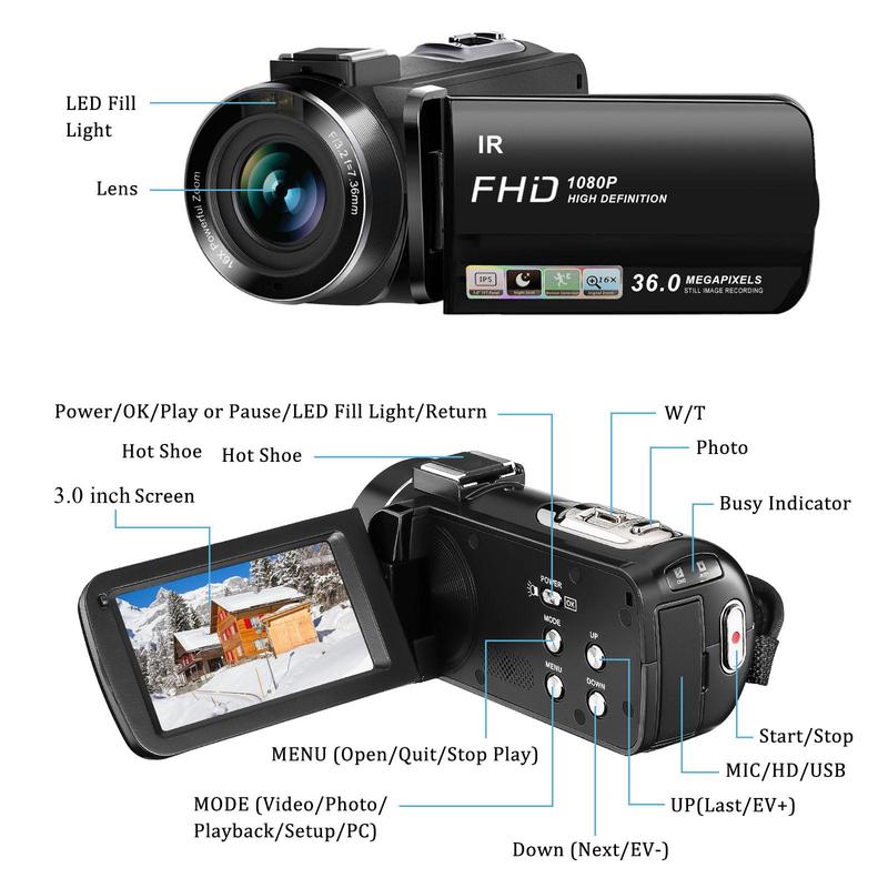 2.7K Digital Camera Recorder, 1 Count Full HD 1080P 36MP IR Night-Vision Vlogging Camera Recorder, 3.0 Inch IPS Screen 16X Digital Zoom Camcorder with 32GB SD Card