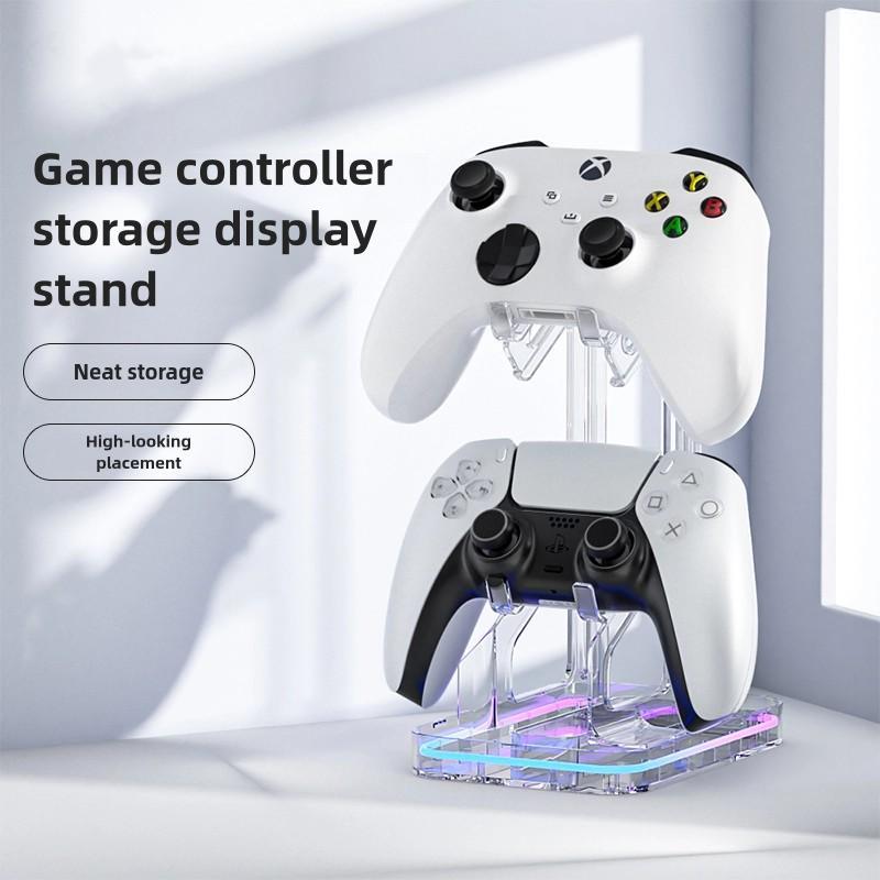 Clear Game Controller Holder, USB Powered 2 Layer Universal Double Controller Stand with Light, Headphone Holder, Detachable Game Controller Desktop Stand