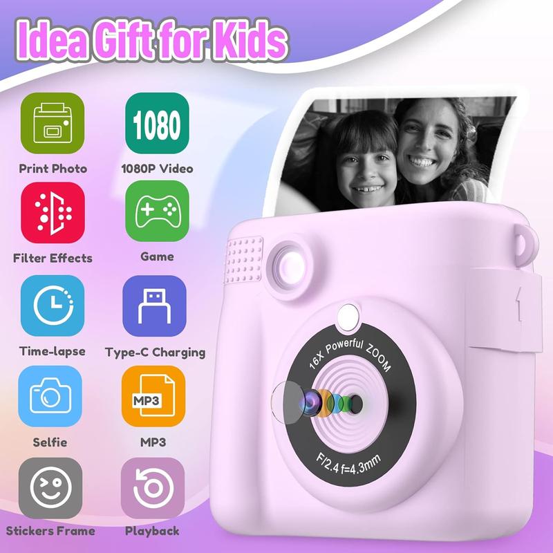 Instant Print Camera for , Christmas Birthday Gifts for Girls Boys, HD Digital Video Cameras for , Portable  for 4 5 6 7 8 9 10 Year Old Girl with 32GB SD Card-Purple