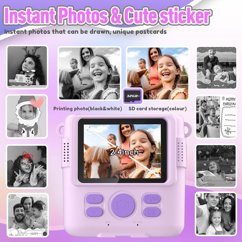 Instant Print Camera for , Christmas Birthday Gifts for Girls Boys, HD Digital Video Cameras for , Portable  for 4 5 6 7 8 9 10 Year Old Girl with 32GB SD Card-Purple