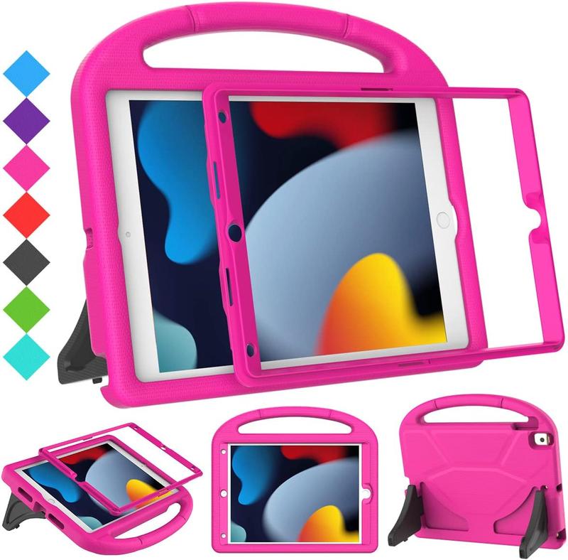 Kids Case for iPad 9th 8th 7th Generation - iPad 10.2 inch 2021 2020 2019 Case with Built-in Screen Protector, Durable Shockproof Handle Stand Kids Case for Apple iPad 7 8 9 Gen, Pink Computer Cover Tablet Foldable Protection Protective