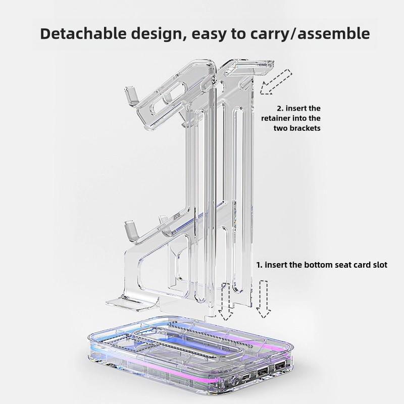 Clear Game Controller Holder, USB Powered 2 Layer Universal Double Controller Stand with Light, Headphone Holder, Detachable Game Controller Desktop Stand