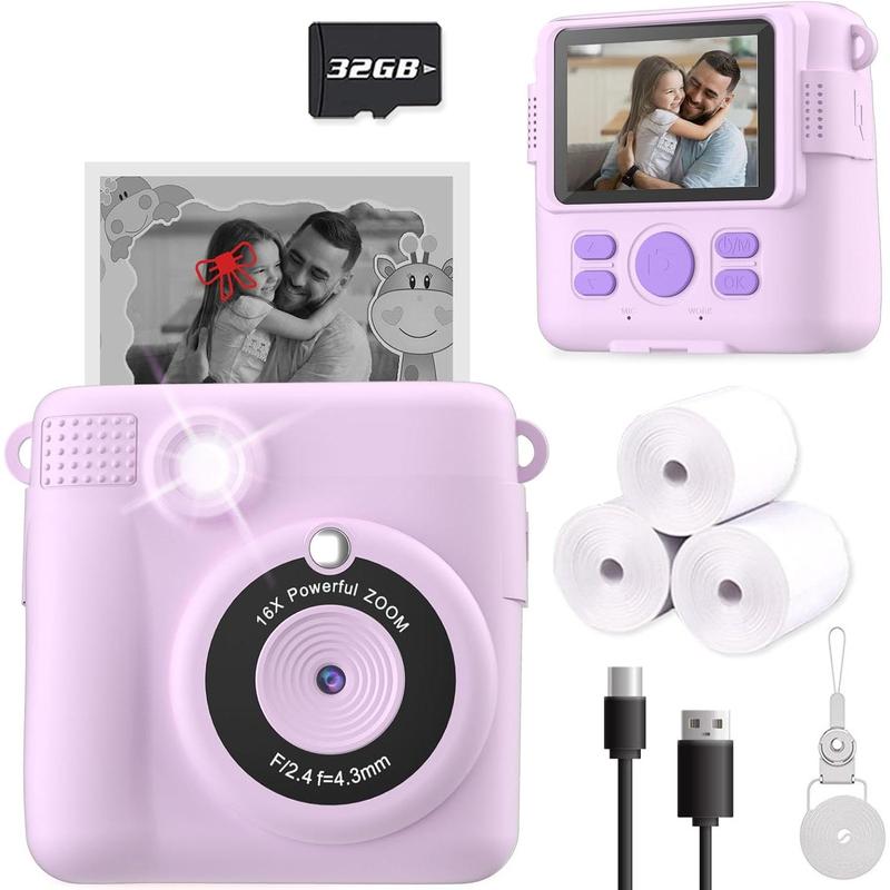 Instant Print Camera for , Christmas Birthday Gifts for Girls Boys, HD Digital Video Cameras for , Portable  for 4 5 6 7 8 9 10 Year Old Girl with 32GB SD Card-Purple