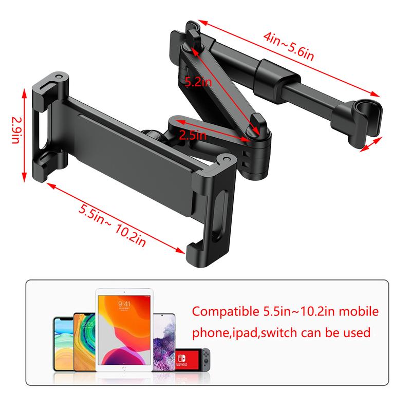 2024 Adjustable Tablet Mount for Car Backseat,for Kids, for iPad Pro, Air, Mini, Samsung Tab, 4.7-10.2” - Black Accessories Computer Smartphone Stand