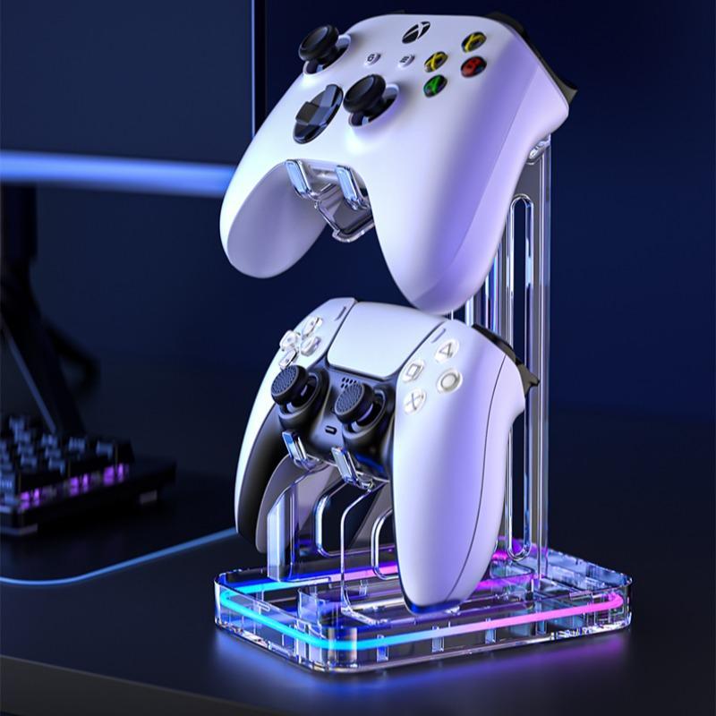 Clear Game Controller Holder, USB Powered 2 Layer Universal Double Controller Stand with Light, Headphone Holder, Detachable Game Controller Desktop Stand