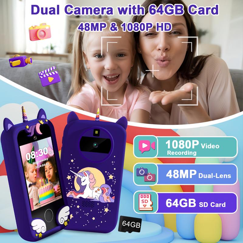 A Children's Touch Screen Smartphone, Unicorn and Dinosaur Design, 64GB Memory, 1080P HD Display, 48mp Camera, USB Charging, Rechargeable Lithium Polymer Battery, 2.75-Inch Screen, contains 33 One Wallpaper and 16 One Jigsaw Puzzles, Suitable for Christma