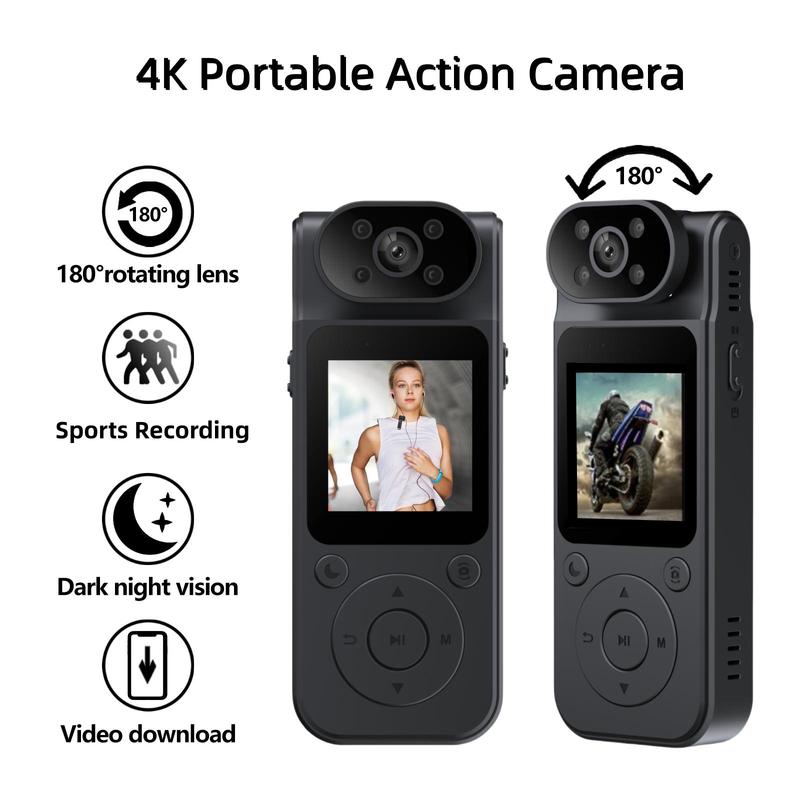 4K Wearable Sports Camera, USB Rechargeable Body Camera with 180° Rotatable Lens & 1.45 inch LCD Screen, Portable Action Camera for Sports, Outdoor