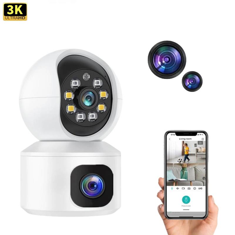 3K Indoor Camera, 2.4G WiFi Security Camera with Dual Lens, 360° HD Network Monitor with Two-way Talk, Motion-Detection, Color Night-Vision Camera