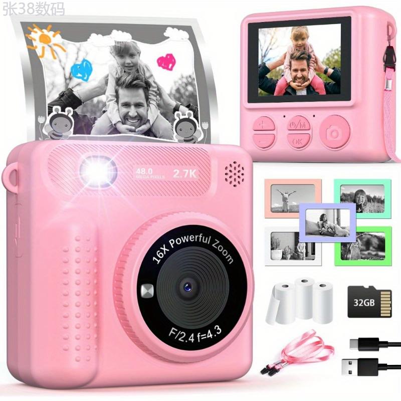 Kids Camera Instant Print, 12MP 1080P Digital Camera for Kids Age 3-12, Christmas Birthday Gifts for 4 5 6 7 8 9 10 Year Old Girls Boys, 32GB Toddler HD Video Camera Print Photos Portable Toy Charging Rechargeable