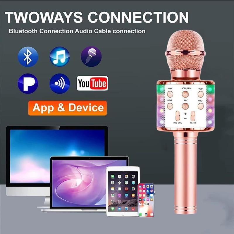 Microphone Kids Karaoke Microphone for Singing, 5 in 1 Bluetooth Microphone with LED Lights Karaoke Machine Portable Mic Speaker Player Recorder for Home Party Birthday (Pink)