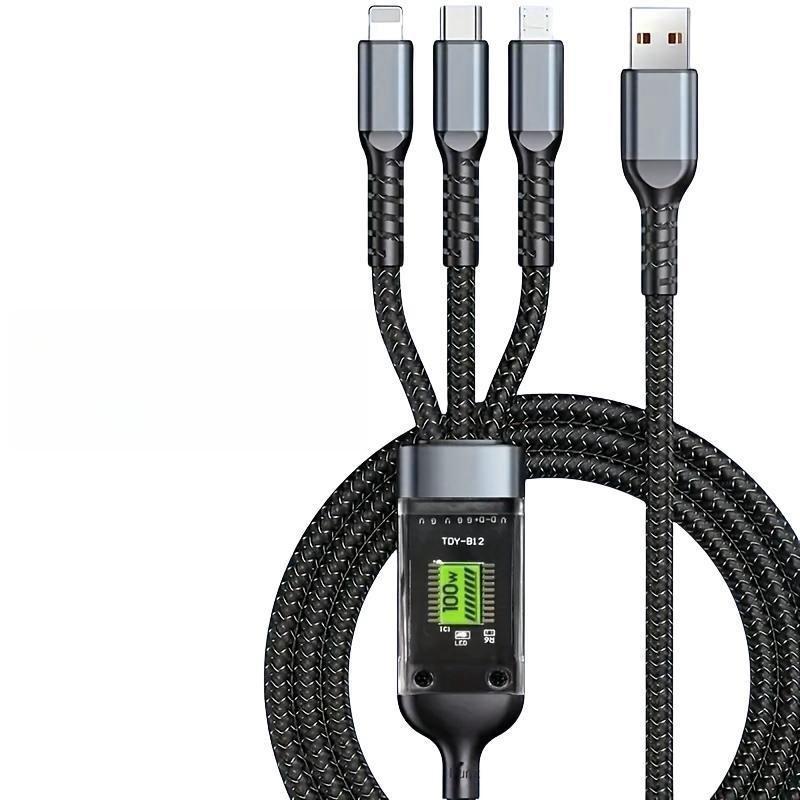 3-in-1 Digital Display Charging Cable, 1.2m USB-C Charging Cable, High-power Charging Cable for Samsung Galaxy, Xiaomi, Macbook, iPad, iPhone