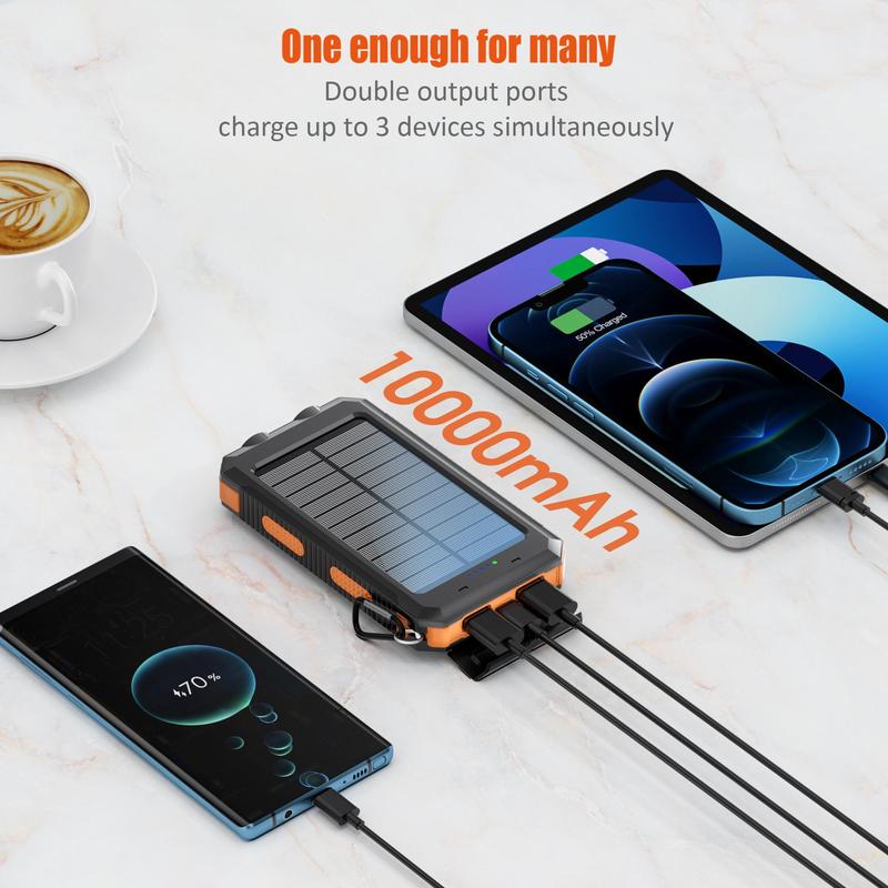 Portable Solar Powered Power Bank, 10000mAh Solar Charger with LED Flashlight, Outdoor Backup Power Charger, Power Bank with Buckle Compass