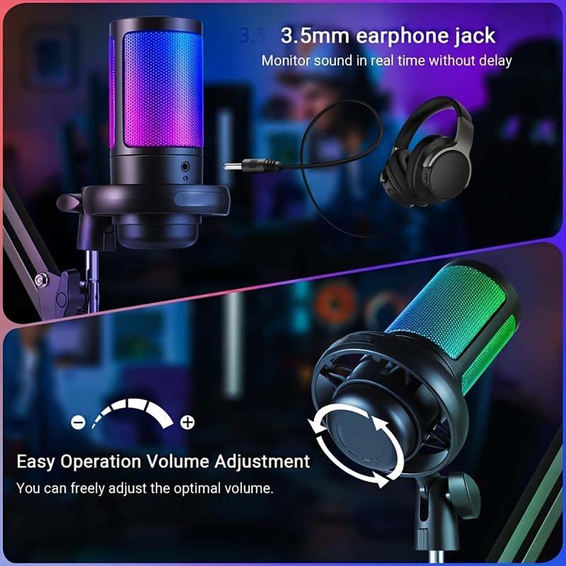 Gaming USB Microphone Set for PC, Condenser Mic with RGB Light & Hanging Arm Stand, Pop Filter, Shock Mount, Noise Cancellation, Mute, Gain, Monitoring, for Streaming, Podcast, Twitch, YouTube, Discord, PC, Computer, PS4, PS5, Mac, GamerWave