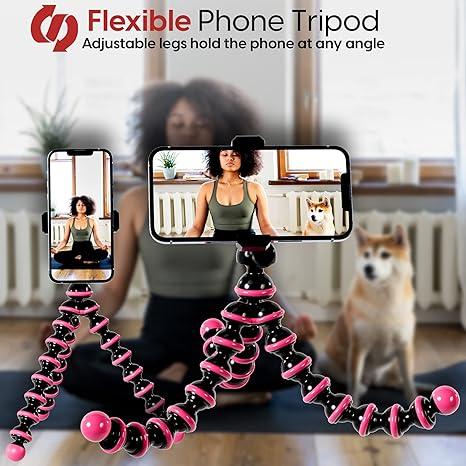 Flexible Tripod for iPhone, Android, Camera - Bendable  Adjustable Stand Holder with Mini Wireless Remote for Selfies, Vlogging, Beauty Makeup, Live Streaming Recording - Pink Accessories Smartphone Cellphone