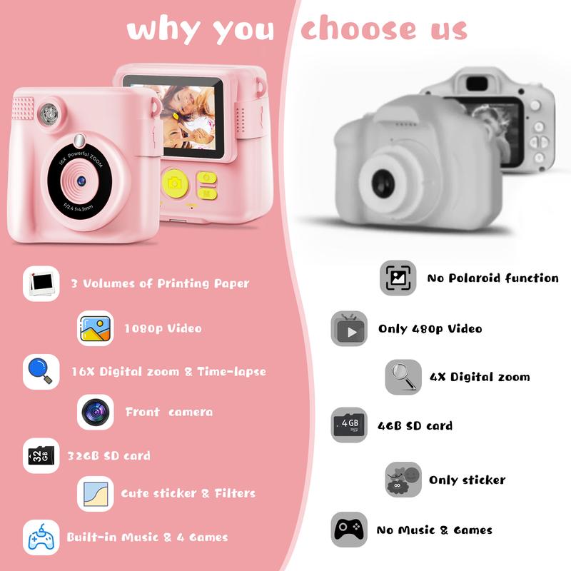 Kids Camera Instant Print with HD Video,Children Digital Camera Toys Gift for Girls Boys 3-12 Age, Portable Christmas Birthday Gifts, Toddler Toys