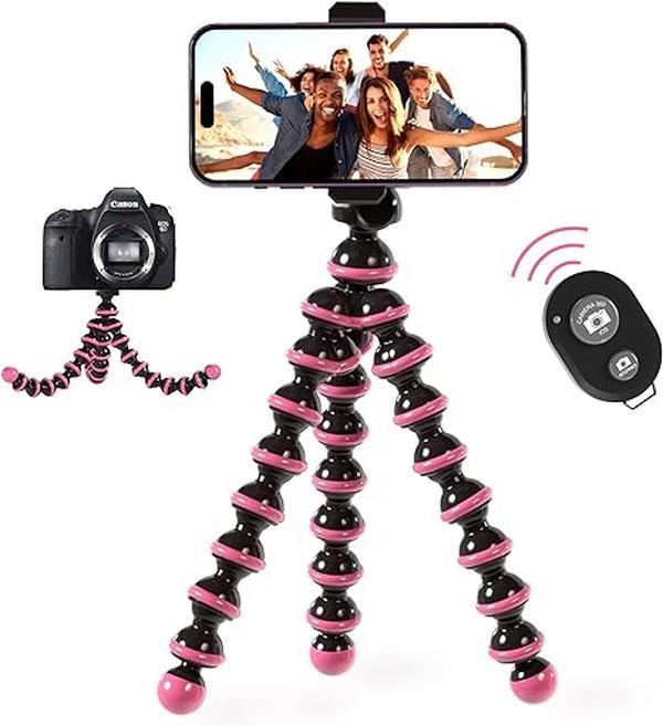 Flexible Tripod for iPhone, Android, Camera - Bendable  Adjustable Stand Holder with Mini Wireless Remote for Selfies, Vlogging, Beauty Makeup, Live Streaming Recording - Pink Accessories Smartphone Cellphone