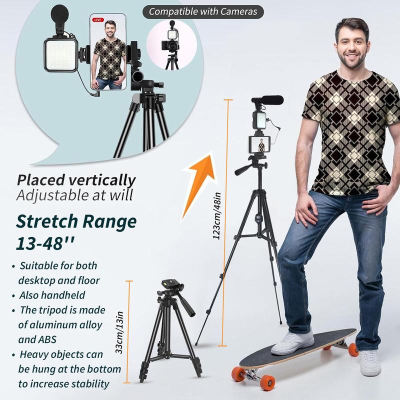 Vlog Shooting Kit for iPhone, 1 Set Phone & Camera Vlogging Kit with LED Lights for Fall, Selfie Stick Tripod & Selfie Light & Phone Clip with Microphone, Adjustable Smartphone Accessories, Summer Outing Essentials 2024, Stocking Fillers Gift