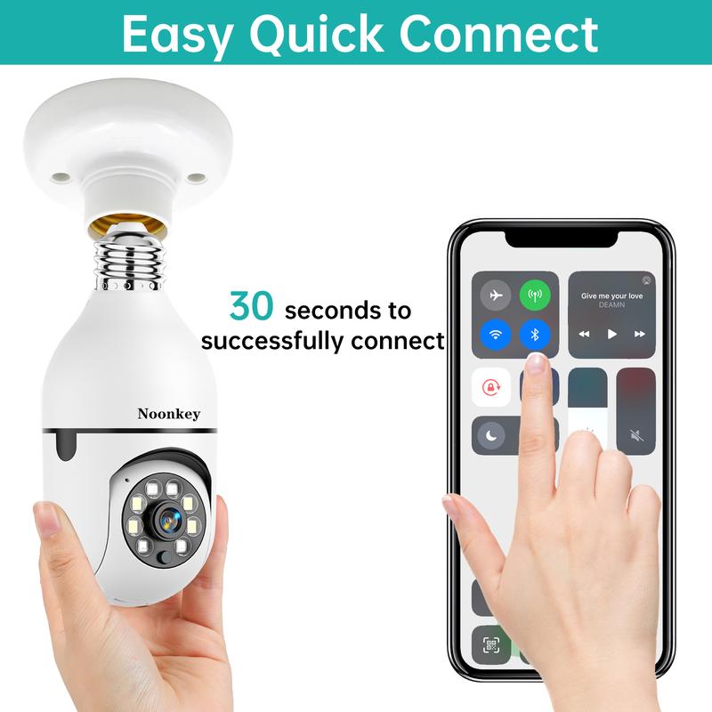  Noonkey 2K 3MP Light Bulb Security Camera-3 Megapixel Indoor Outdoor Full Color Day Night Camera, Motion Detection, Sound & Light Alarm, Two-Way Audio, Home Yard Store，Work with Alexa Wireless Socket Surveillance Card Connection WiFi