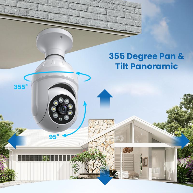 1080p Light Bulb Security Camera, 360° Panoramic Dome Cam,AI Human Detection, Color Night Vision, 2-Way Audio, Cloud Storage, Live View, 2.4G WiFi, Indoor Outdoor Surveillance lightbulb cam