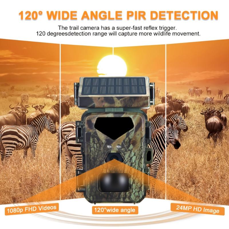 Trail Camera With Solar Panel, 24MP 1080P Hunting Camera 0.45s With 32G Memory Card&Card -Reader-Solar Infrared Night Vision Camera - IP 65Waterproof And Dustproof, ABS Material, Wall &Tree-mountedd, Ideal For Hunting And Fishing, Wildlife