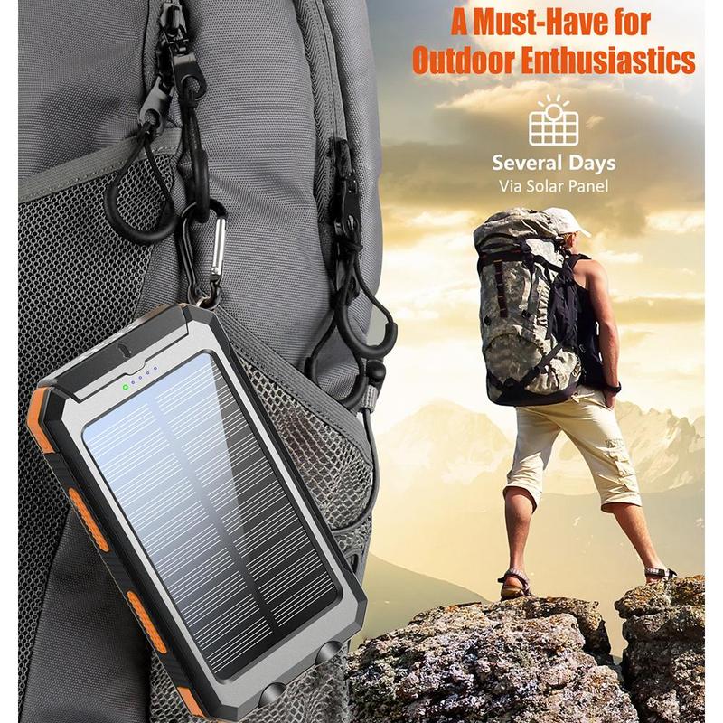 Portable Solar Powered Power Bank, 10000mAh Solar Charger with LED Flashlight, Outdoor Backup Power Charger, Power Bank with Buckle Compass