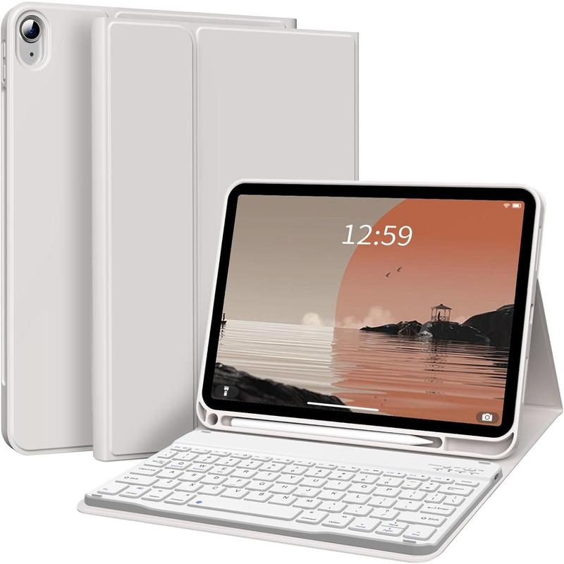 for iPad 10th Generation Case with Keyboard 10.9 inch 2022, Detachable Wireless Bluetooth iPad Keyboard Case Thin & Light with-in Left Side Pencil Holder, White Square Keycaps (Gray