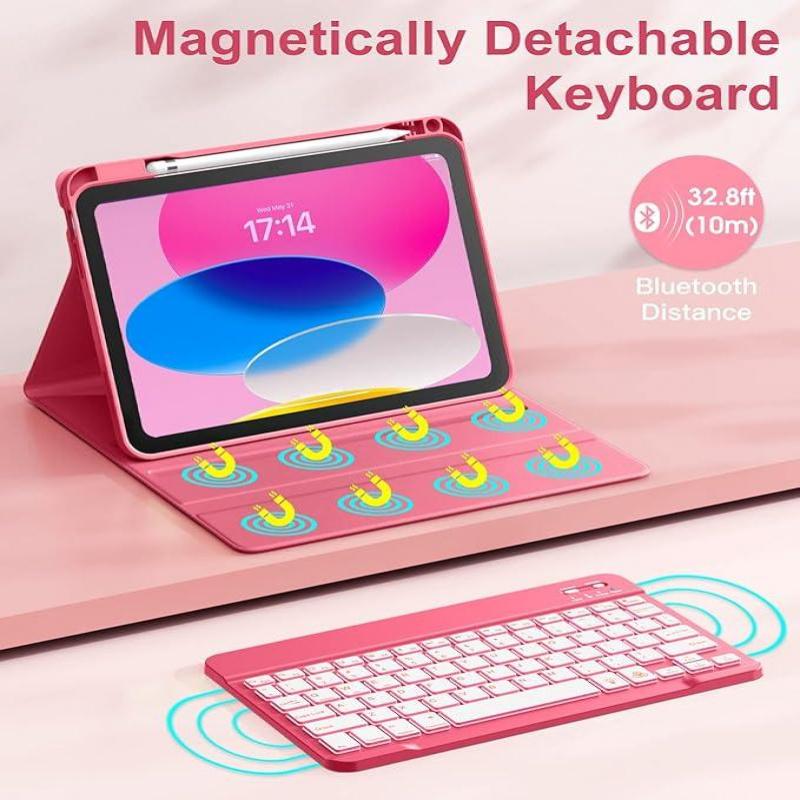 iPad 10th Generation Case with Keyboard 10.9 Inch - 7 Colors Backlit Wireless Detachable Folio Keyboard Cover with Pencil Holder for New iPad 10th Gen 2022 (Pink) Accessories Android