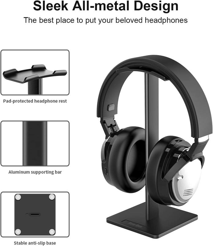 Headphone Stand Headset Holder Earphone Stand with Aluminum Supporting Bar Flexible Headrest ABS Solid Base for All Headphones Size (Black)