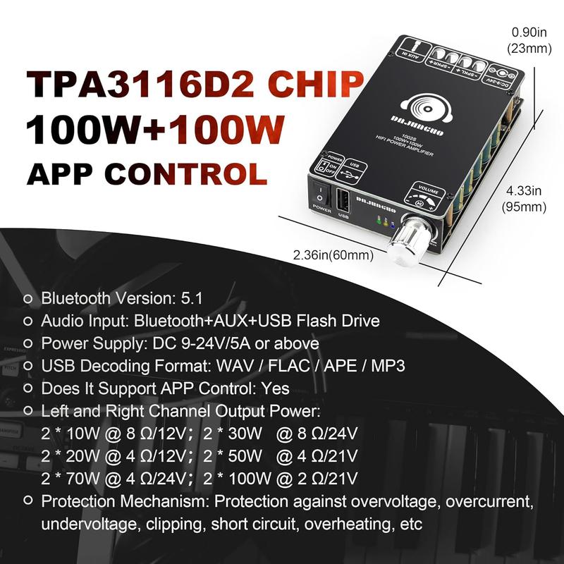 1002S 2.0  Amplifier Board with TPA3116D2 Chips, 100W+100W Power Output,  USB 3.5mm AUX Input