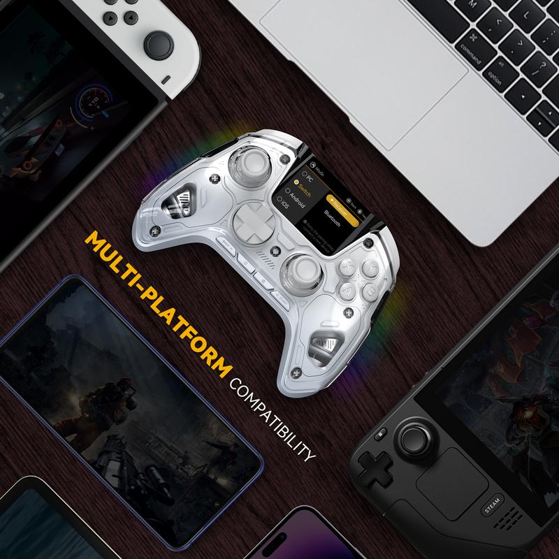 (No Drift) ManbaOne Interactive Screen Wireless Gaming Controller for Switch PC iOS Android,Hall Effect Stick & Trigger,RGB Lighting,Remappable Buttons,1800mAh with Charging Dock (White)