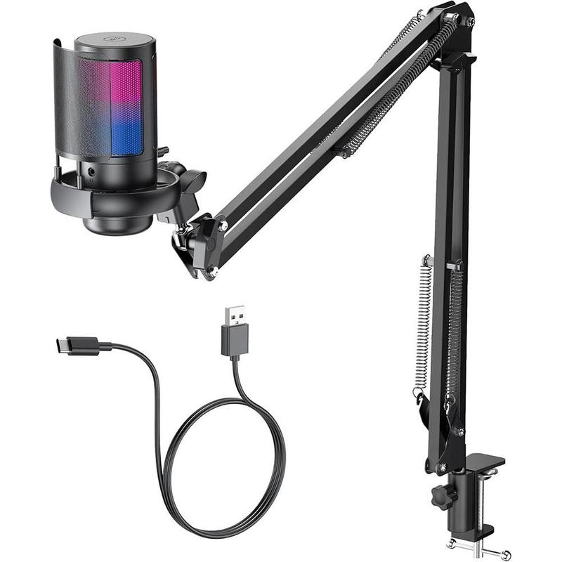 USB Condenser Microphone with Suspension Arm Stand, RGB Lighting Microphone, Quick Mute Button Microphone for Podcast Video, Streaming, Audio Accessories