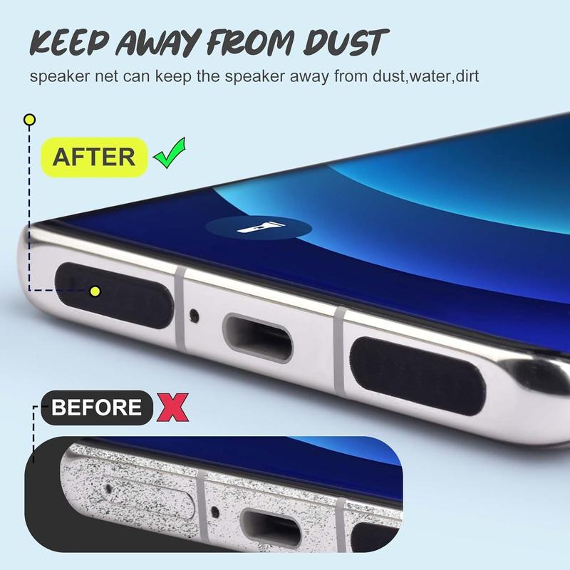 120 count Phone Speaker Cover Phone Speaker  Stickers Phone Speaker Dust Protector Cover Anti Dust Sticker Speaker Dust-Proof Cover Kit with Cleaning Brush & Tweezer