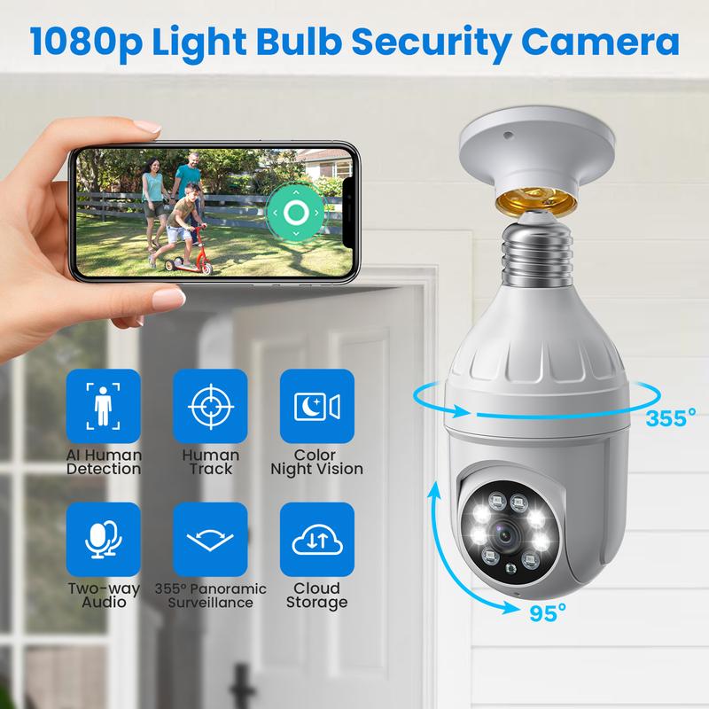 1080p Light Bulb Security Camera, 360° Panoramic Dome Cam,AI Human Detection, Color Night Vision, 2-Way Audio, Cloud Storage, Live View, 2.4G WiFi, Indoor Outdoor Surveillance lightbulb cam