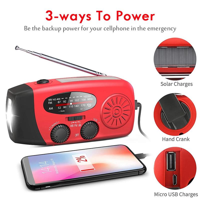 Portable Emergency Hand Crank Radio, 1 Count AM FM NOAA Weather Radio with LED Flashlight, USB Rechargeable Radio with 2000mAh Power Bank Function