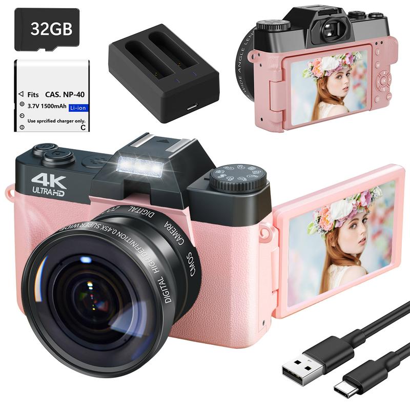 4K Digital Cameras for Photography, 56MP Affordable Vlogging Camera with WiFi, 3-inch 180-degree Flip Screen, 16X Digital Zoom Students Compact Camera with 52mm Wide-Angle Lens & Macro Lens, 32G Micro SD Card, Perfect Gifts for Christmas