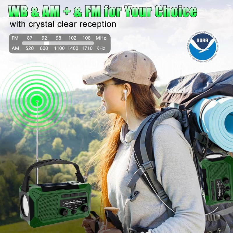 10000mAh Emergency Hand Crank Radio with LED Flashlight, AM FM NOAA Portable Weather Alert Radio, Solar Powered Radio with Phone Charger, USB Charged, Headphone Jack, SOS Alarm, Compass for Outdoors Audio Button Rechargeable Mobile hamradio