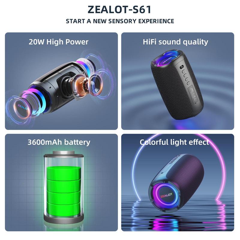 ZEALOT S61 Wireless Speaker, 20W Portable Wireless Speaker, Rechargeable Bluetooth-compatible Speaker with 3600mAh Playtime, Outdoor Speaker for Home