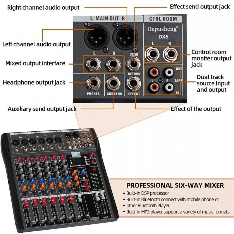 6 Channel Audio Mixer Sound Mixing Console With USB, PC Recording Input, XLR Microphone Jack, 48V Power, RCA Input Output For DJ Studio Streaming Stage Perfomance For Professional And Beginners